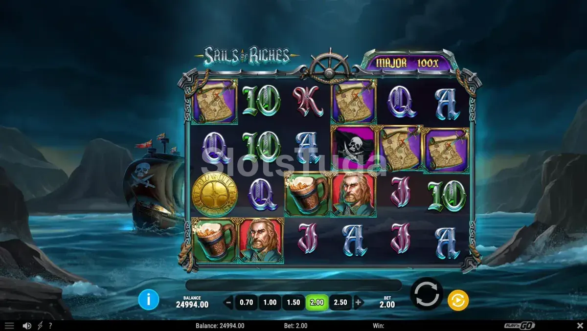 Rodadas grátis ativas no Sails of Riches com multiplicador na tela