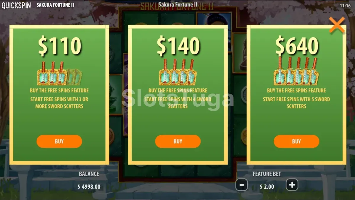 Tela de Bonus Buy da Sakura Fortune 2 com opções de compra do bônus