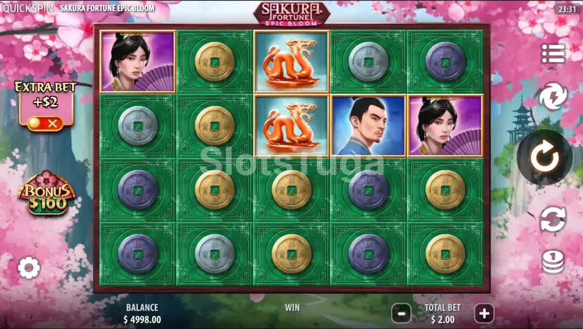 Tela principal do jogo Sakura Fortune Epic Bloom com os rouleaux e a temática de flor de cerejeira