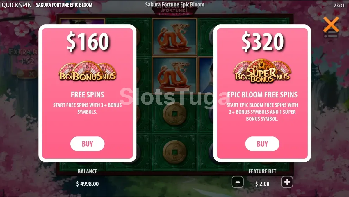 Tela de Bonus Buy da slot Sakura Fortune Epic Bloom com as opções de compra disponíveis