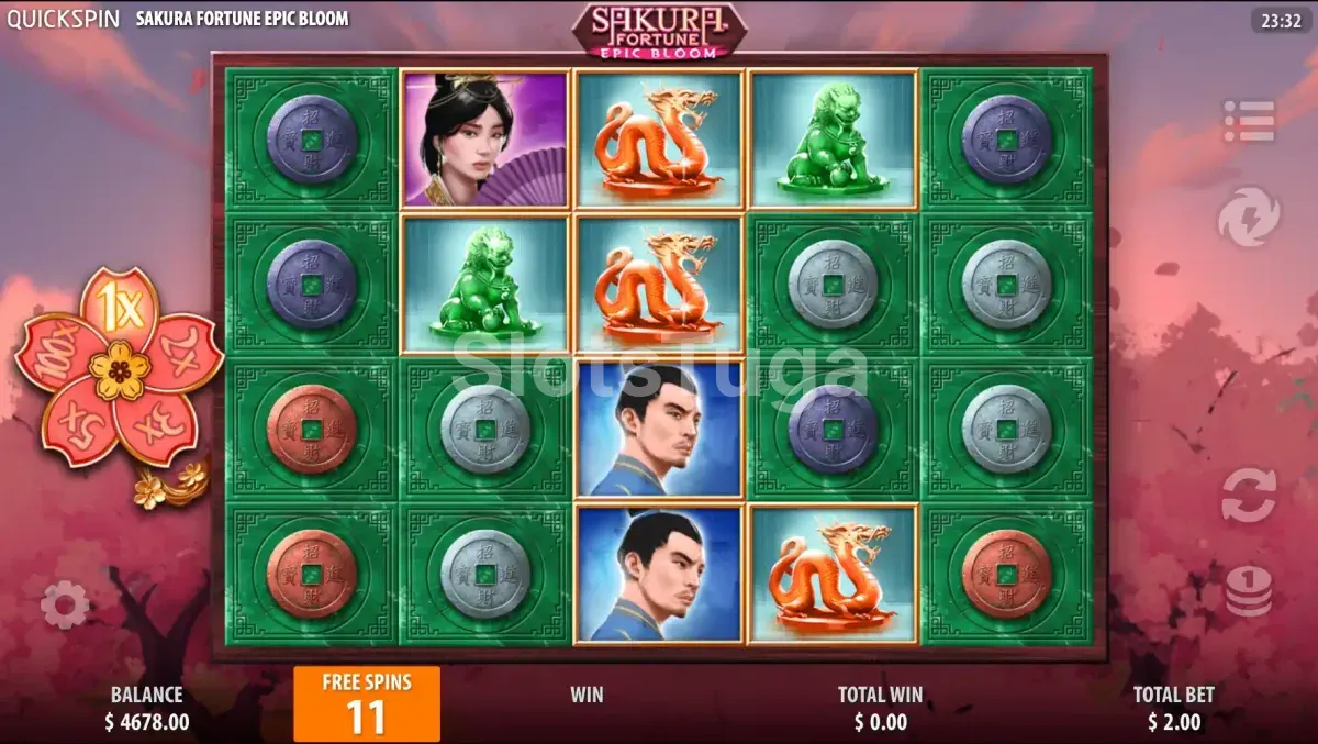 Modo de Free Spins ativado na slot Sakura Fortune Epic Bloom com Princesas travadas nos rouleaux