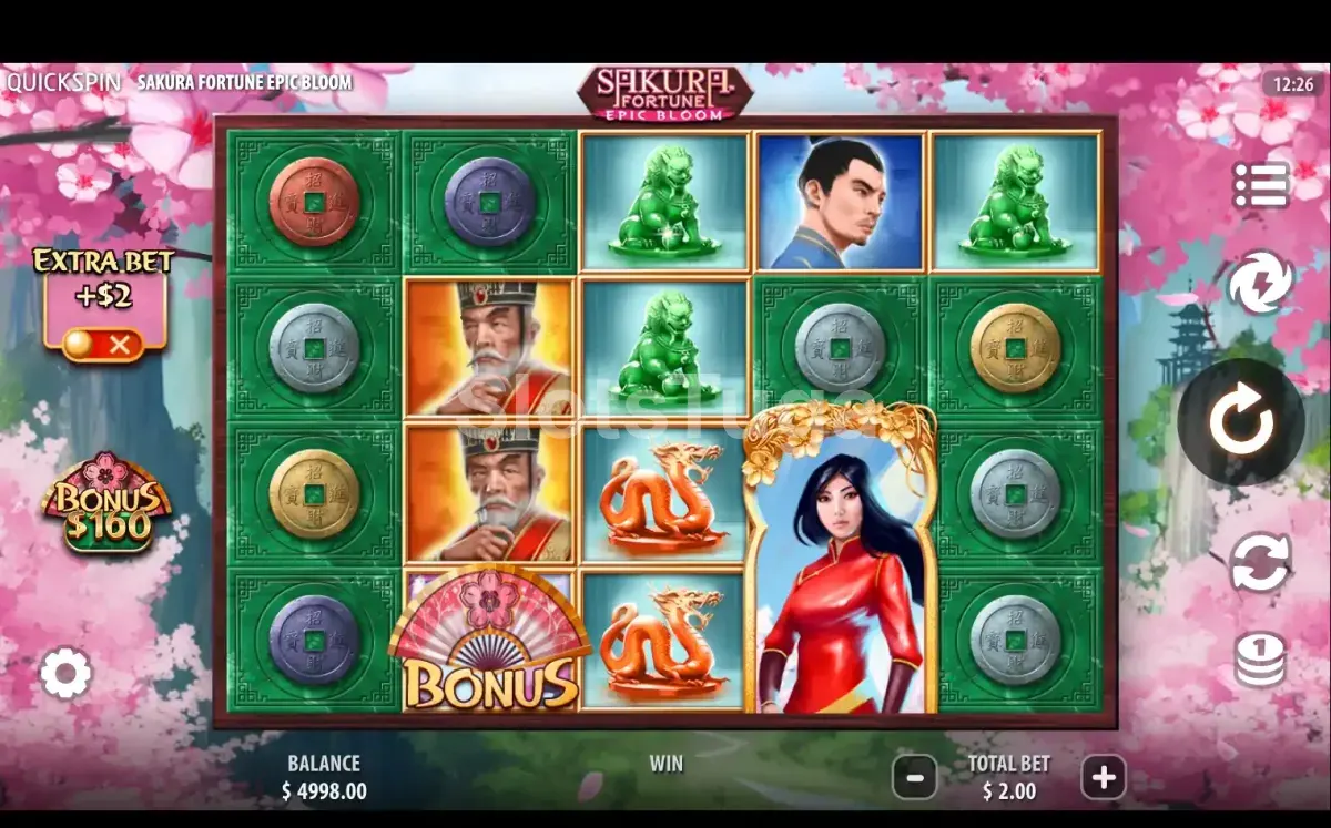 Base game da Sakura Fortune com rolos e temática japonesa