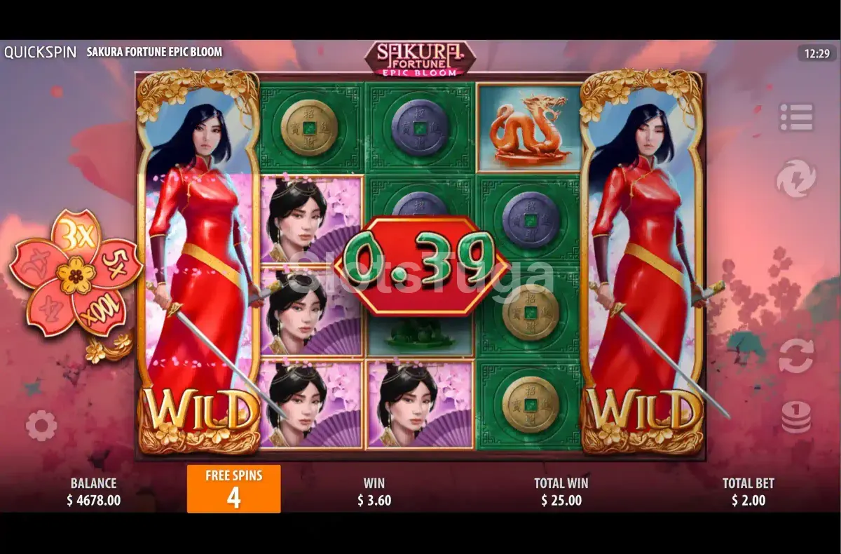 Rodada de giros grátis da Sakura Fortune com wilds fixos nos rolos