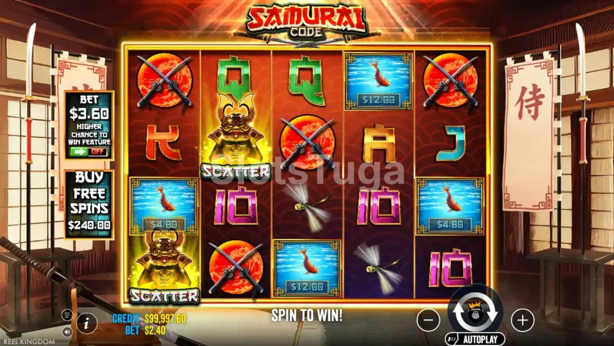 Tela principal do jogo Samurai Code com seus 5 rolos e temática japonesa