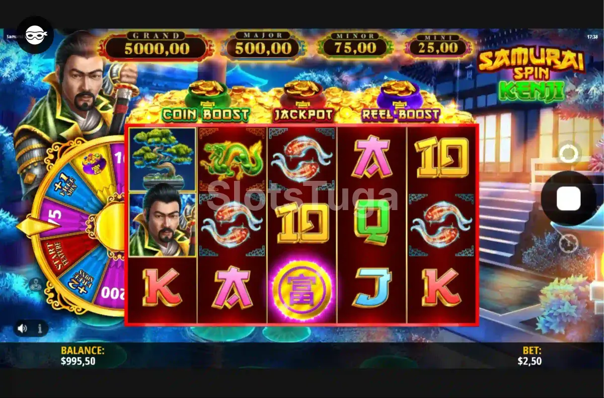 Tela inicial da slot Samurai Spin Kenji com os rolos em ação