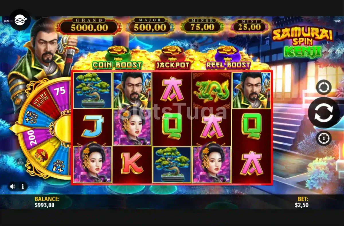 Segunda tela de jogo da Samurai Spin Kenji com símbolos especiais aparecendo