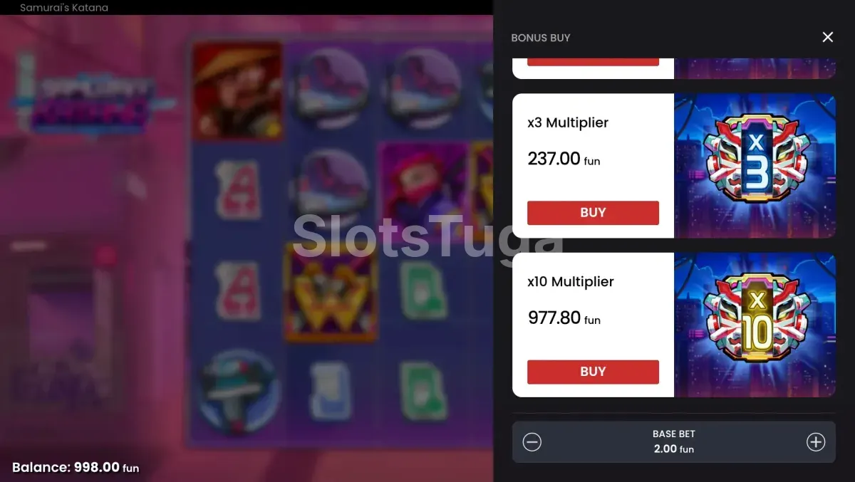 Menu de compra de bônus da Samurai's Katana com opções disponíveis