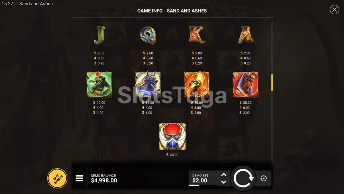 Tabela de pagamentos do Sand And Ashes mostrando símbolos e multiplicadores