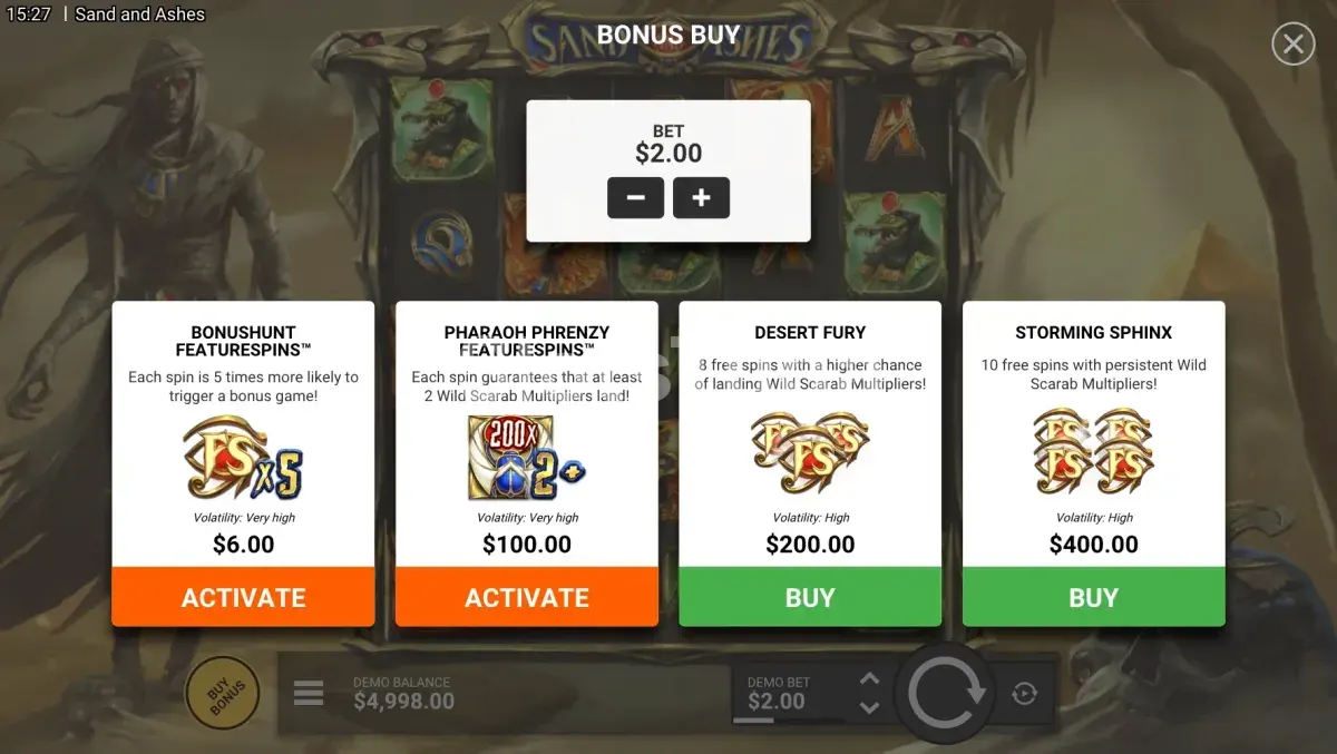 Tela de compra de bônus do Sand And Ashes com as quatro opções disponíveis