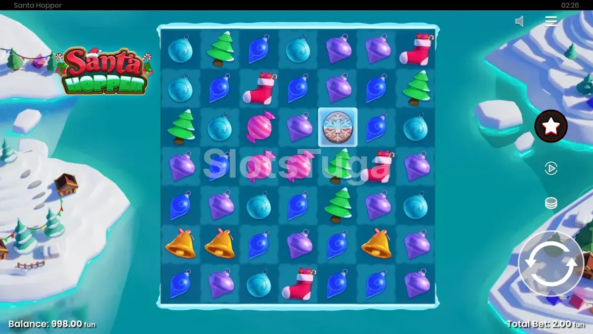 Jogo base da slot Santa Hopper com grid 7x7 e backdrop natalino