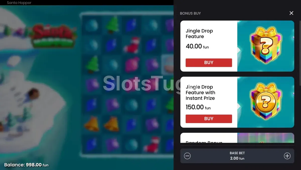 Tela de compra de bônus da slot Santa Hopper com diferentes opções de entrada