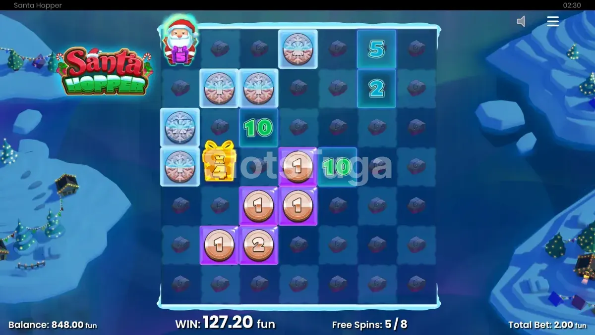 Modo de giros grátis da Santa Hopper com bolhas e multiplicadores em ação