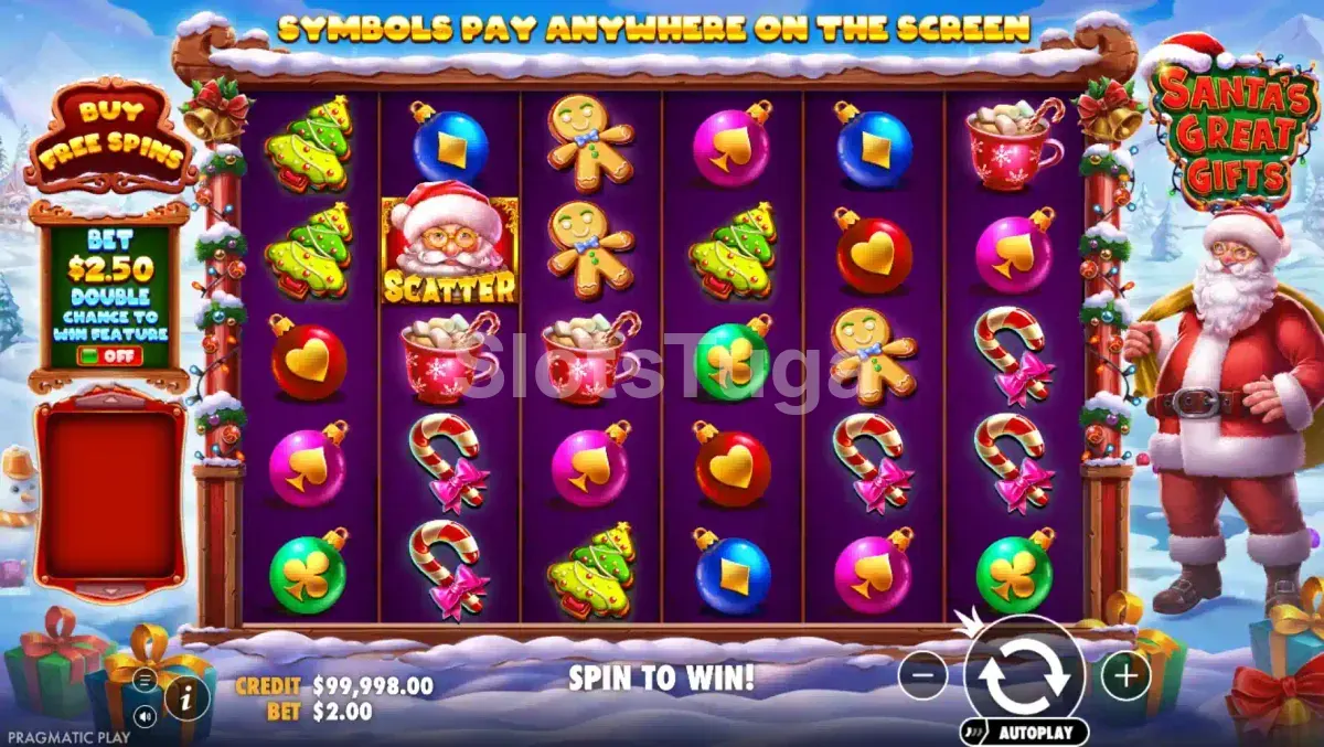 Jogo base da Santa's Great Gifts com grade de 6x6 e símbolos natalinos