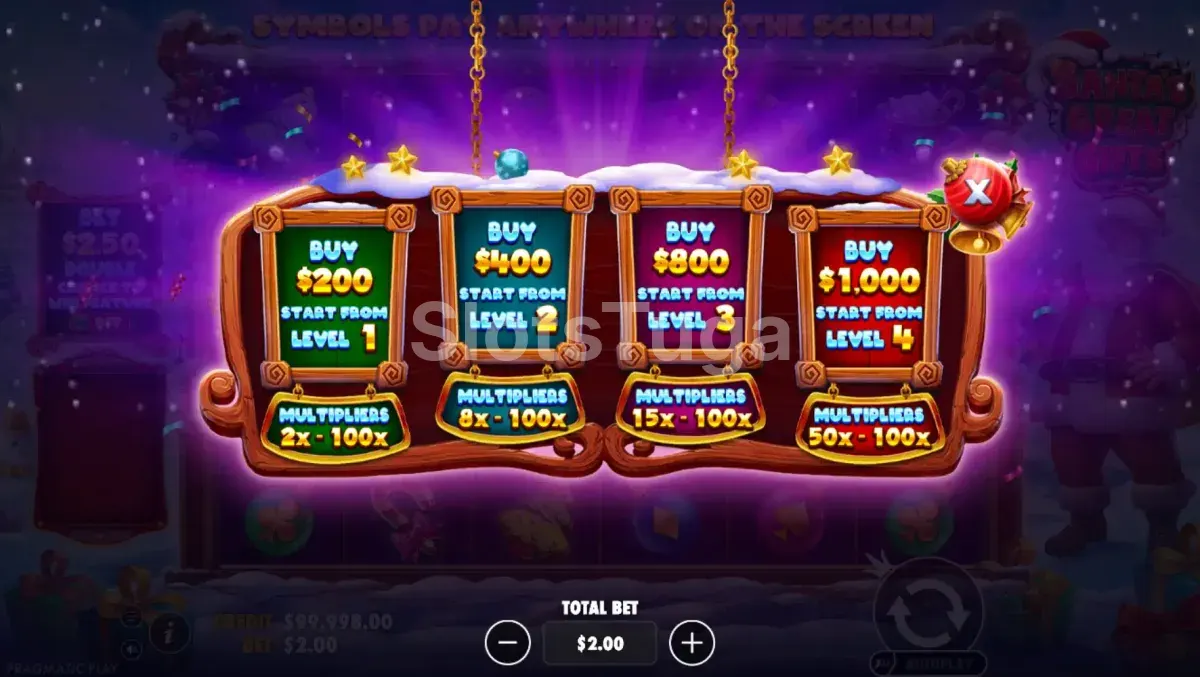 Menu de Bonus Buy da Santa's Great Gifts com as quatro opções de nível