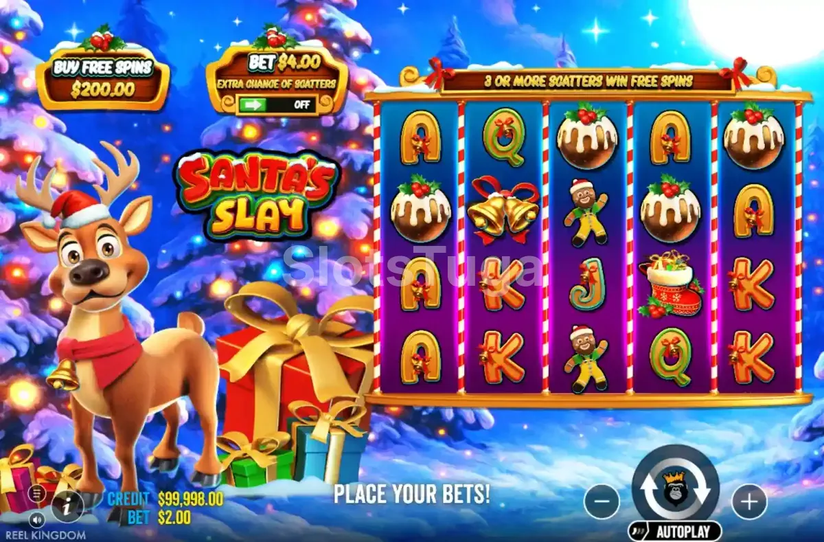 Tela principal do jogo Santa's Slay com os rouleaux em ação