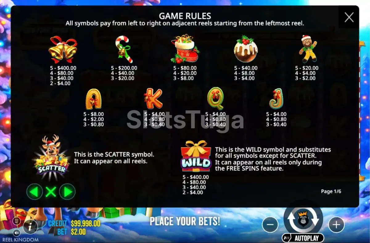 Tabela de pagamentos da slot Santa's Slay mostrando os símbolos
