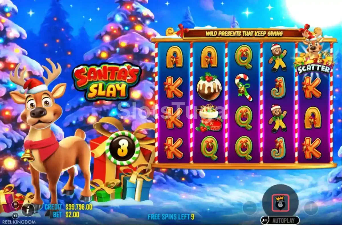 Rodadas grátis ativadas na slot Santa's Slay com multiplicadores aparecendo