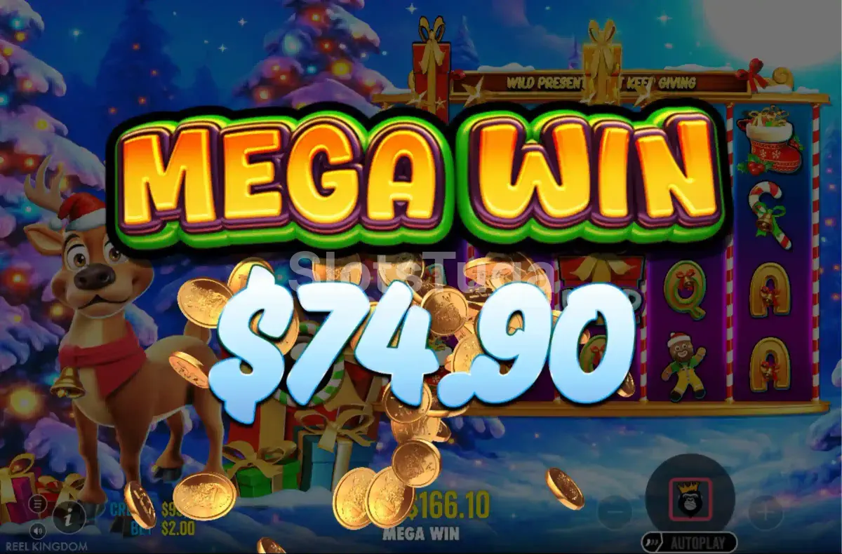 Grande vitória na slot Santa's Slay com animação de prêmio na tela