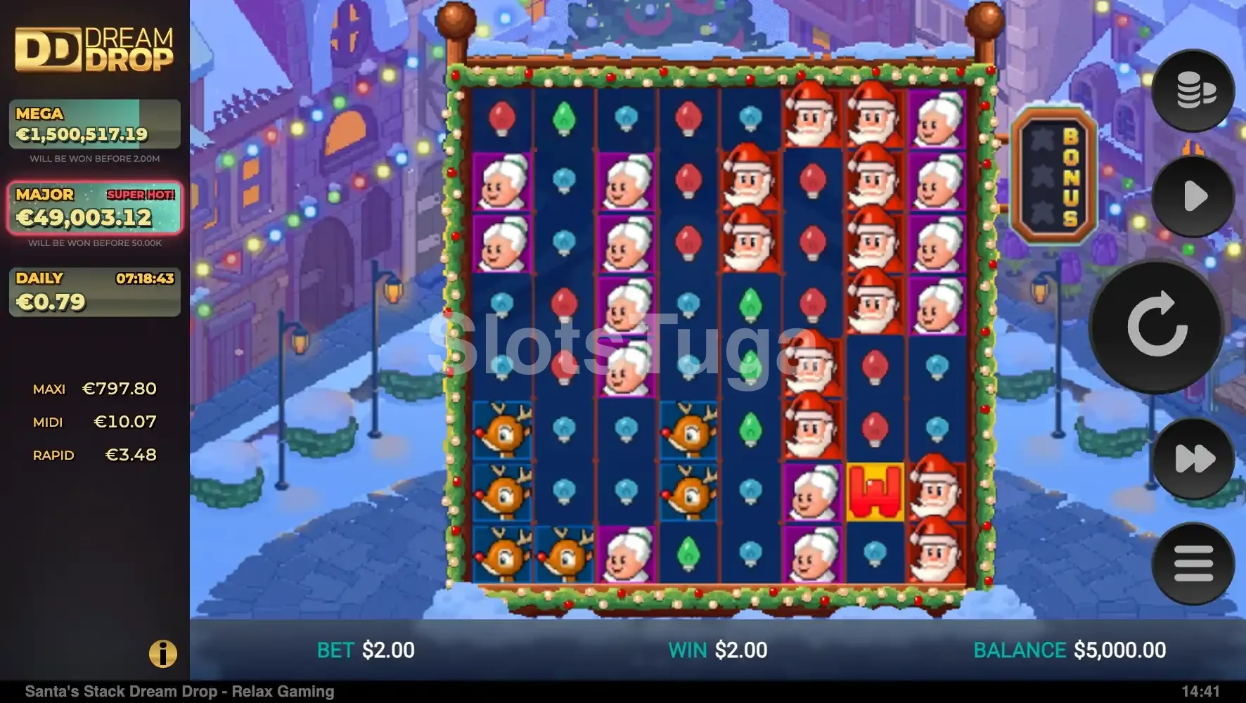 Tela principal da Santa's Stack Dream Drop com grid 8x8 temático de Natal
