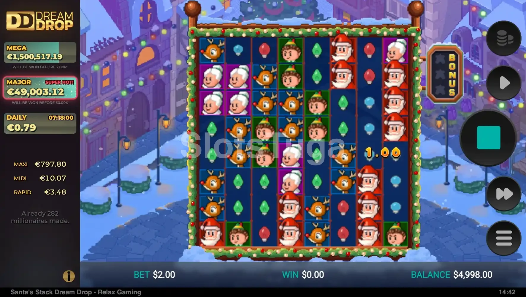 Santa's Stack Dream Drop em ação com símbolos misteriosos preenchendo o grid