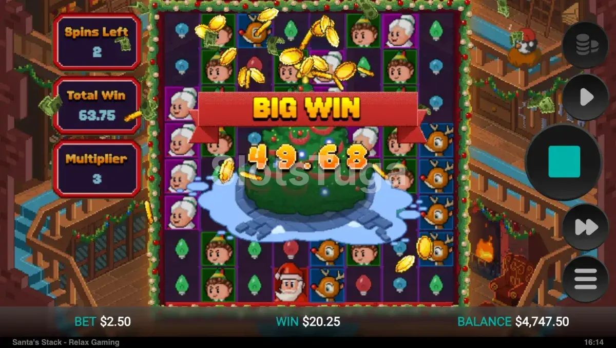 Big win na Santa's Stack com cluster gigante de símbolos do Papai Noel