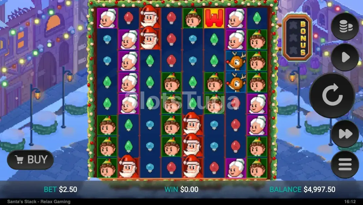 Jogo base da Santa's Stack com grade 8x8 no estilo pixel art