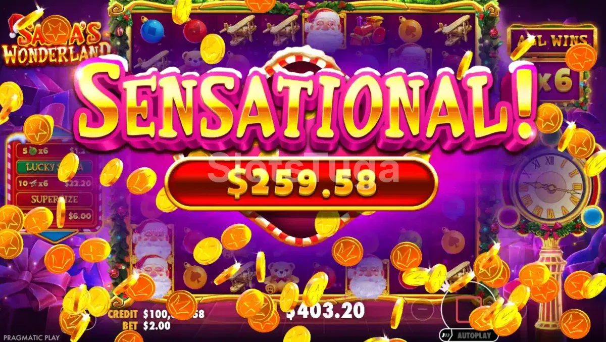 Grande vitória na slot Santa's Wonderland com multiplicadores ativos