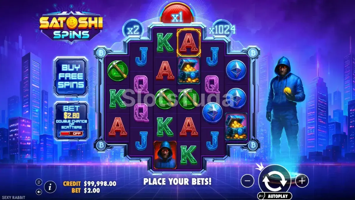 Jogo base da Satoshi Spins com grid de 6 rolos e visual cyberpunk
