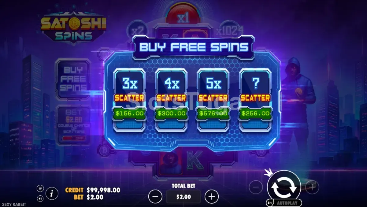 Tela de compra de bônus da Satoshi Spins com opções disponíveis