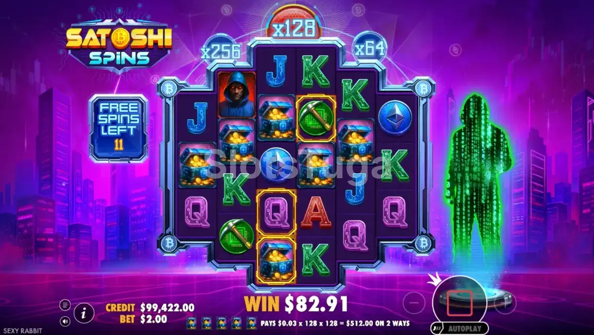 Tela de Free Spins da Satoshi Spins com multiplicador ativo