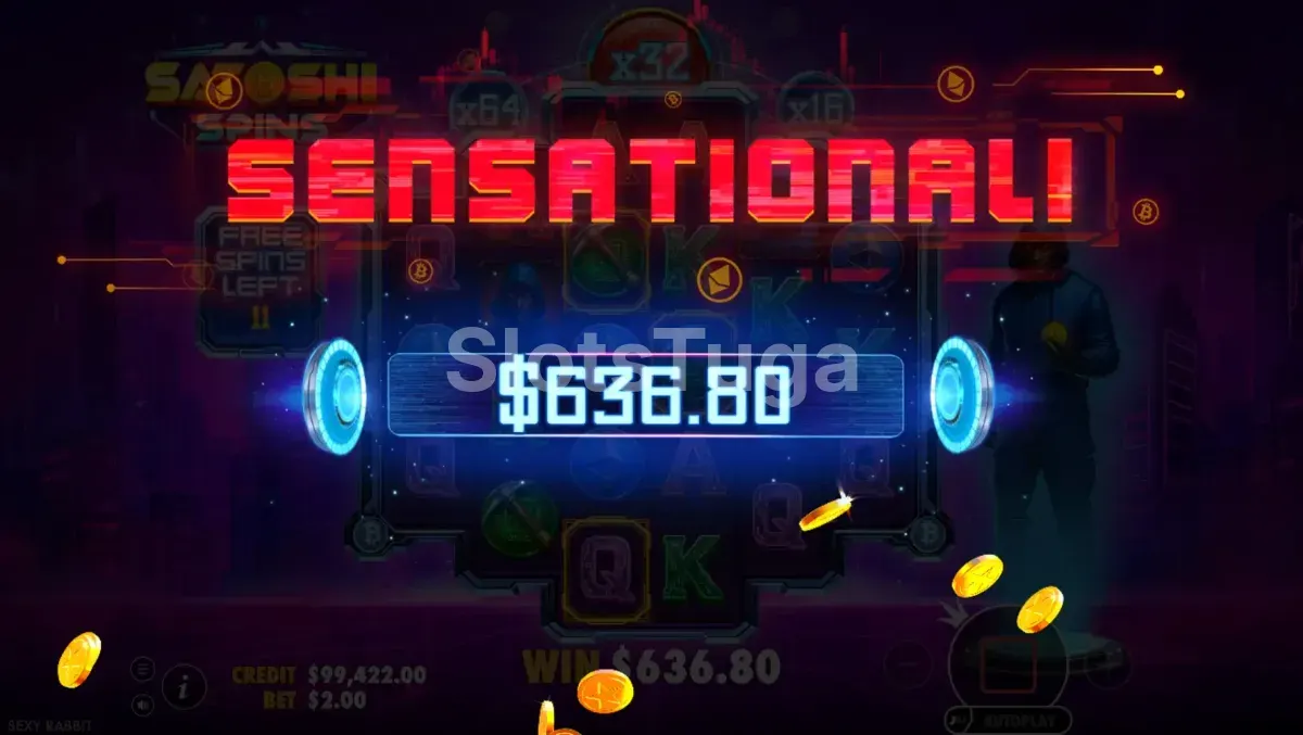 Tela de grande vitória na Satoshi Spins com multiplicador elevado