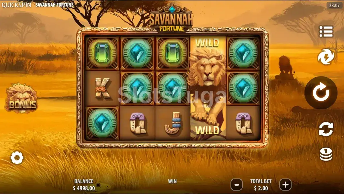 Tela principal do jogo Savannah Fortune com rolos na savana africana