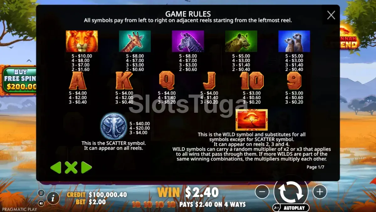 Tabela de pagamentos completa da slot Savannah Legend