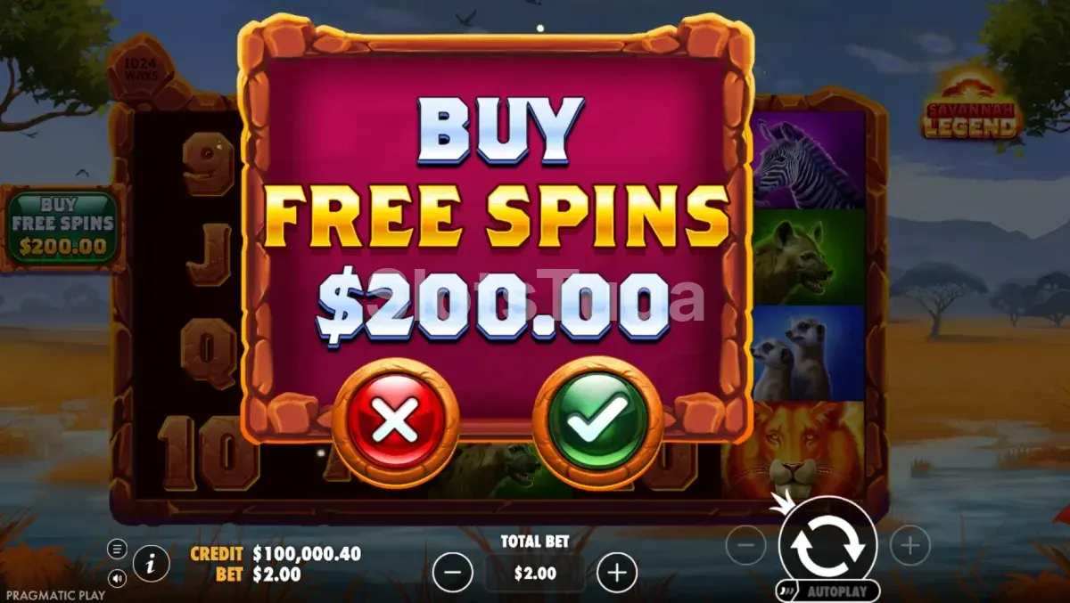 Tela de compra de bônus na slot Savannah Legend