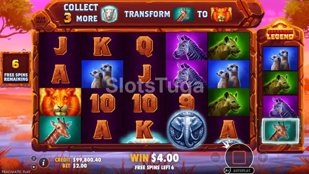 Rodadas grátis ativas na slot Savannah Legend com leão branco