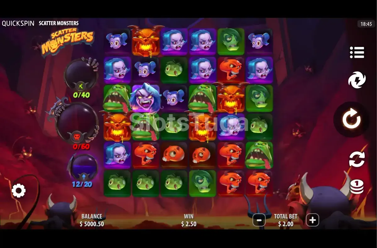 Jogo base em andamento na slot Scatter Monsters com cluster de prêmios