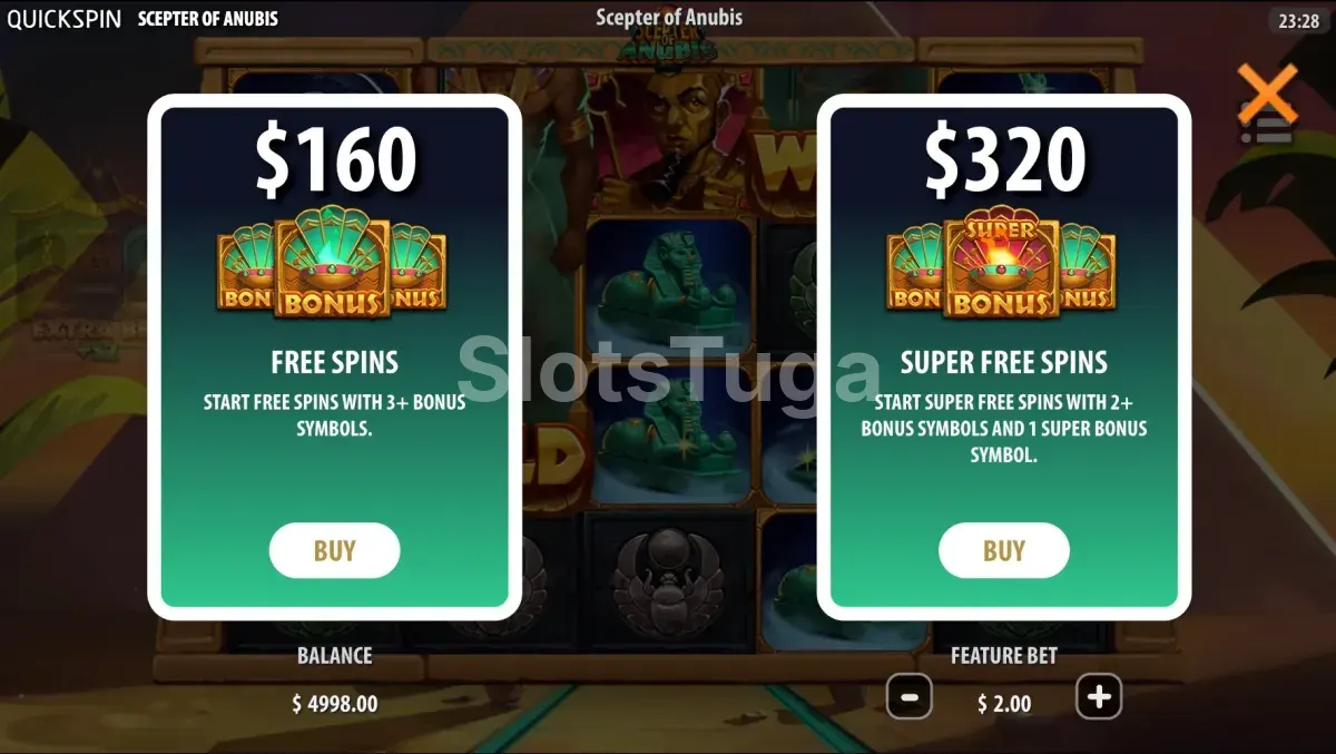Tela de compra de bônus do Scepter of Anubis com opções de free spins e super free spins