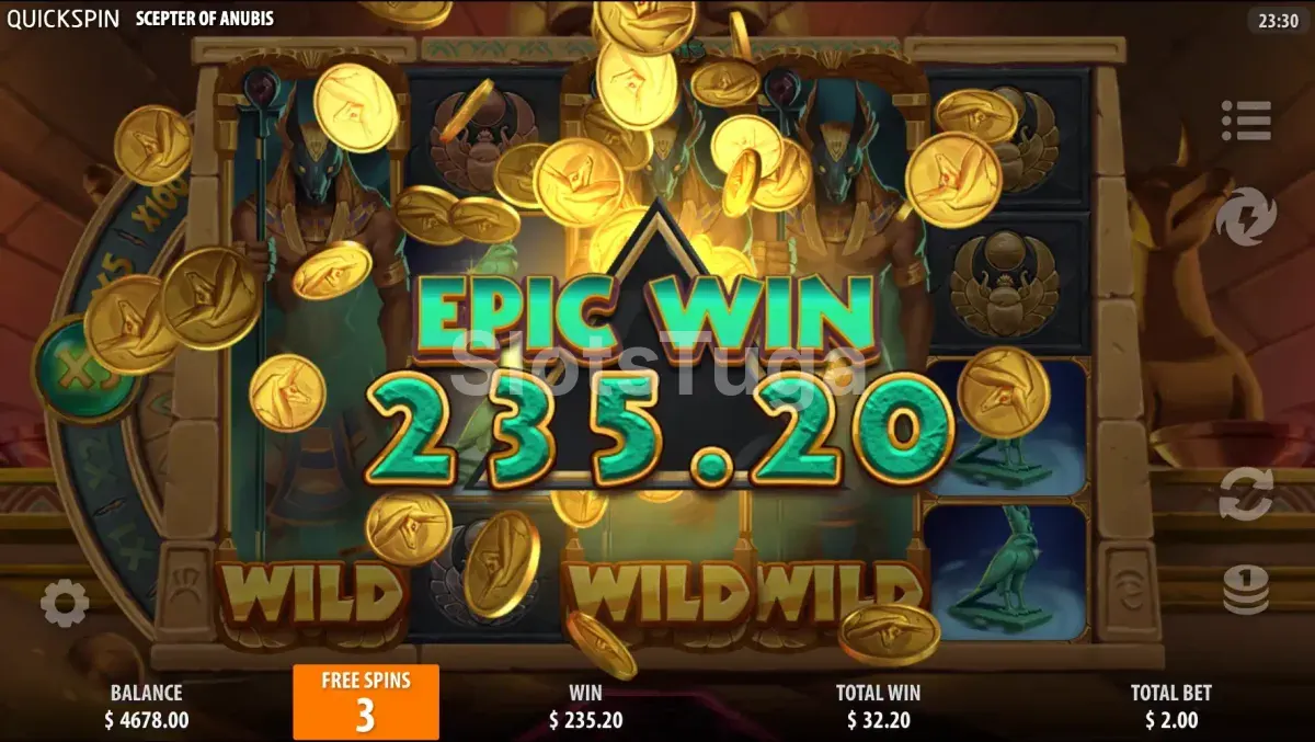 Big win no Scepter of Anubis com múltiplos wilds cobrindo os rolos