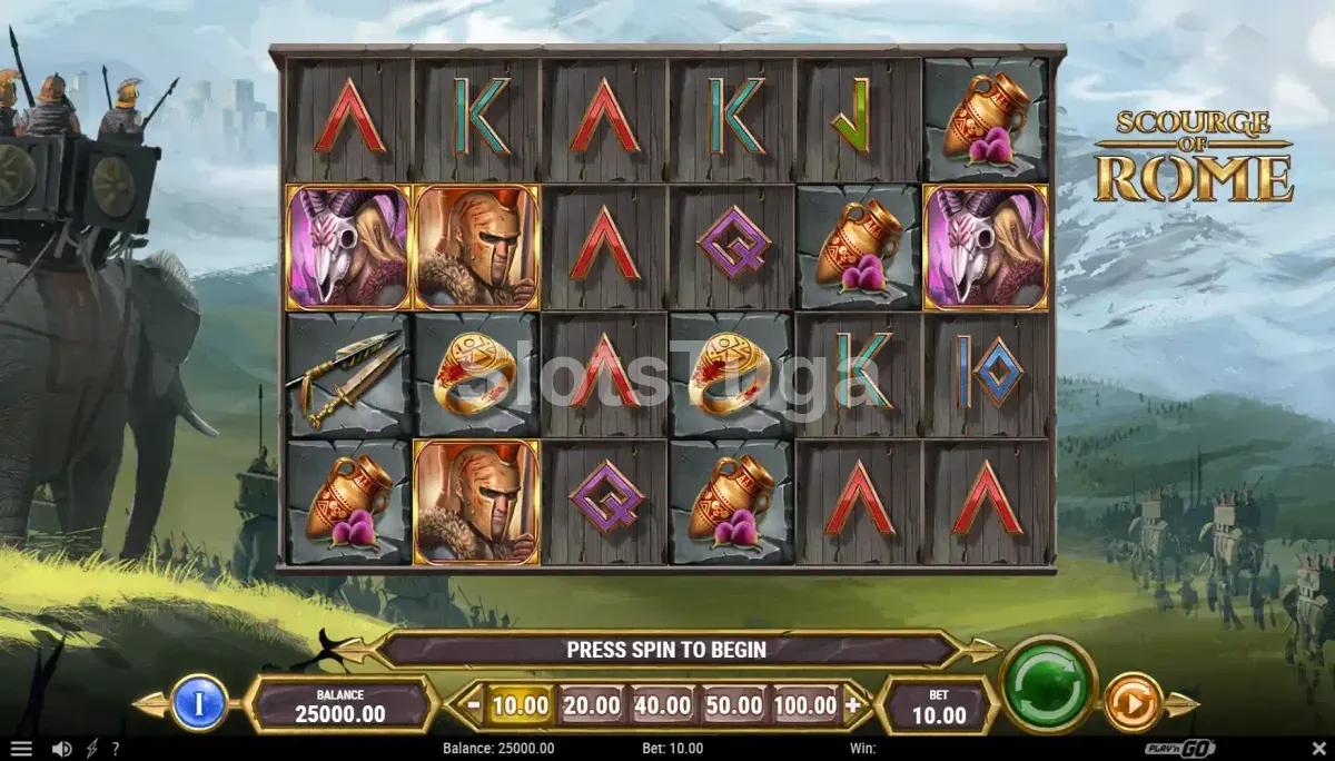 Jogo base da slot Scourge of Rome com grid de 6 rolos