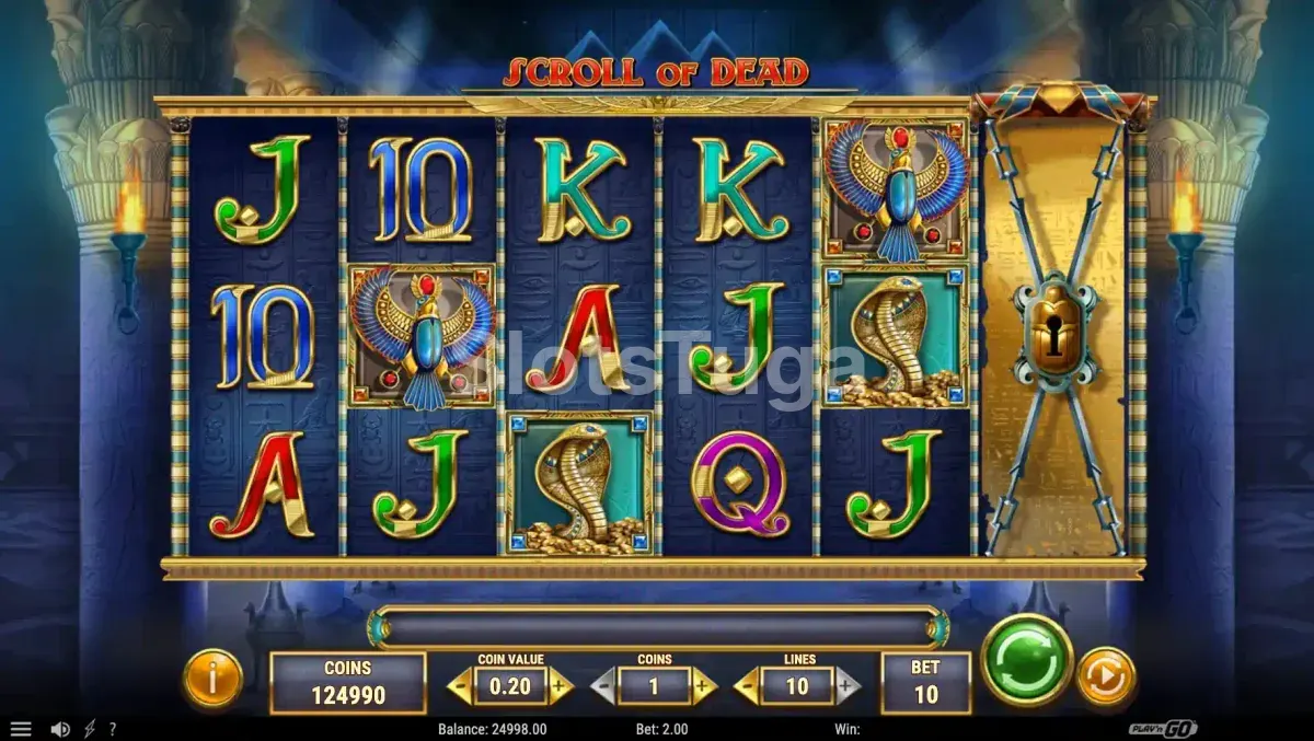 Jogo base da Scroll of Dead com templo egípcio e braseiros
