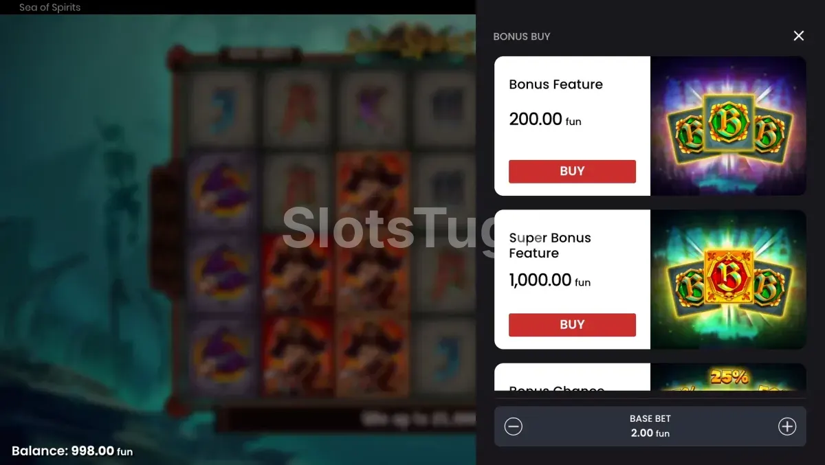 Menu de bonus buy do Sea of Spirits com opções de compra de bônus