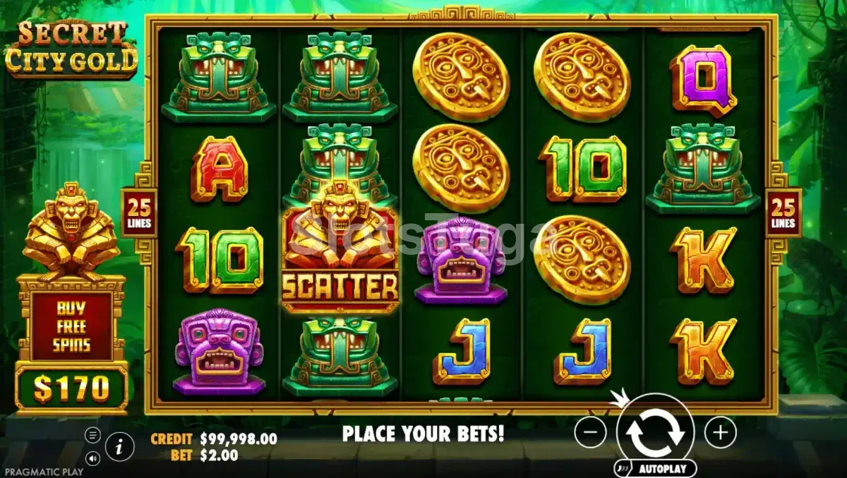Tela principal do slot Secret City Gold com a selva misteriosa ao fundo