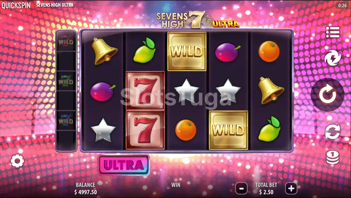 Tela inicial do slot Sevens High Ultra com os rolos principais