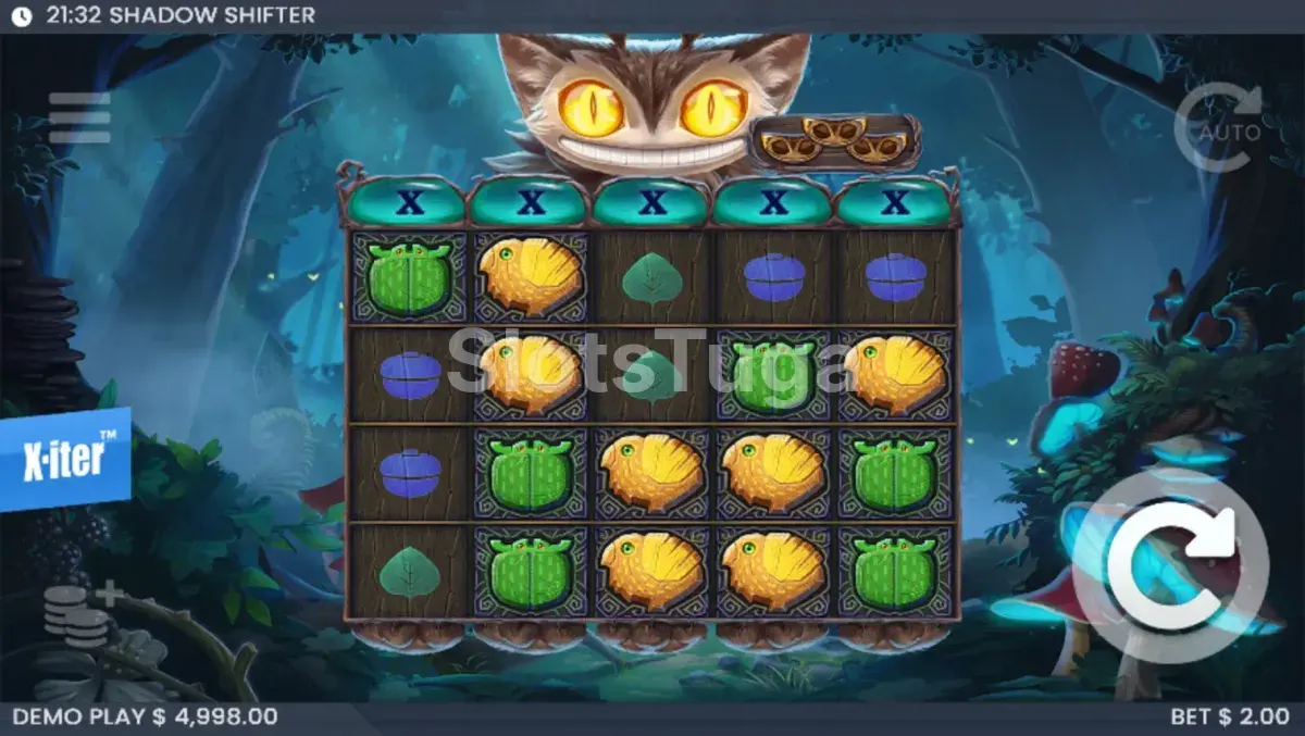 Tela principal do jogo Shadow Shifter com a grade de símbolos na floresta