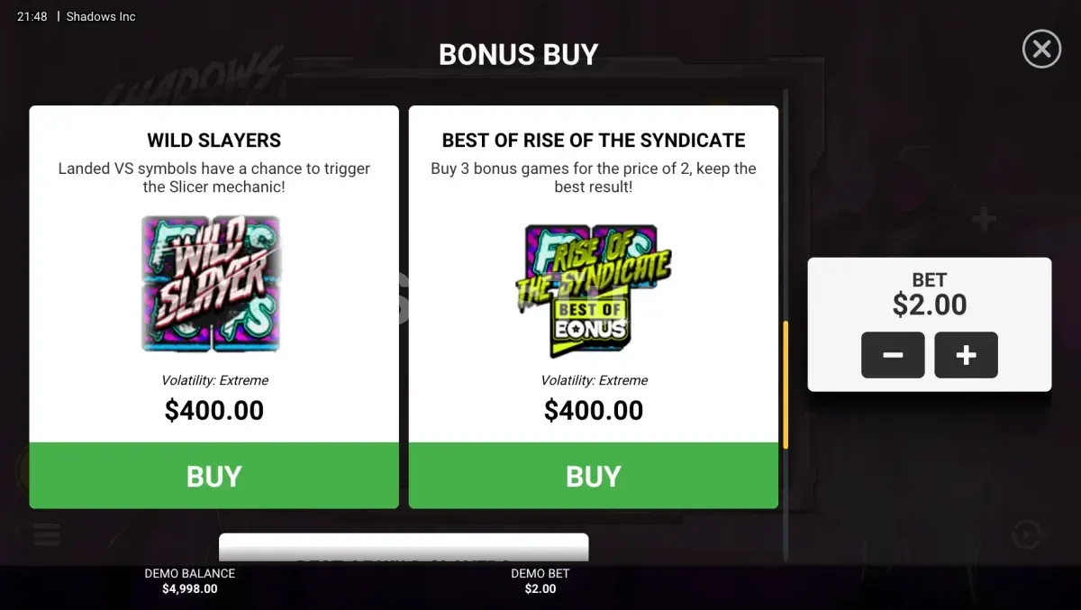 Ecrã de Bonus Buy de Shadows Inc com as opções de compra