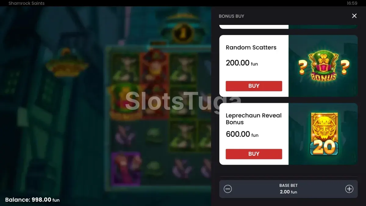 Tela de compra de bônus na Shamrock Saints da Push Gaming