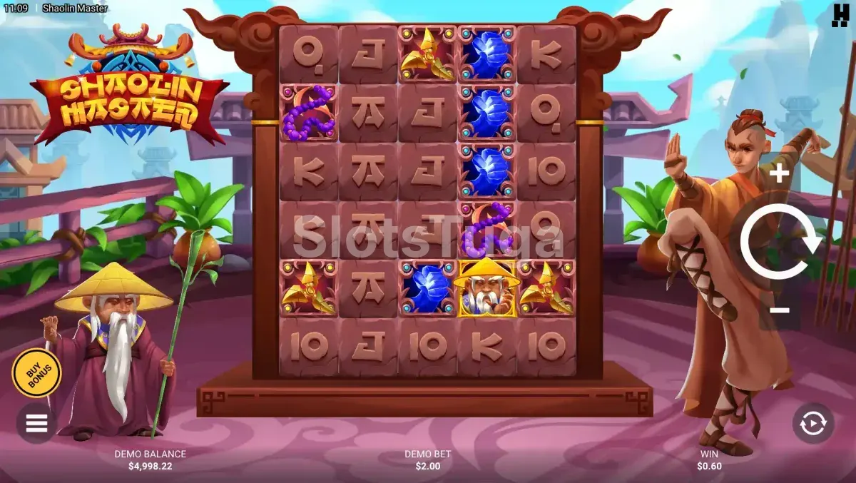 Jogo base da slot Shaolin Master com grid de 5 rolos e 6 linhas