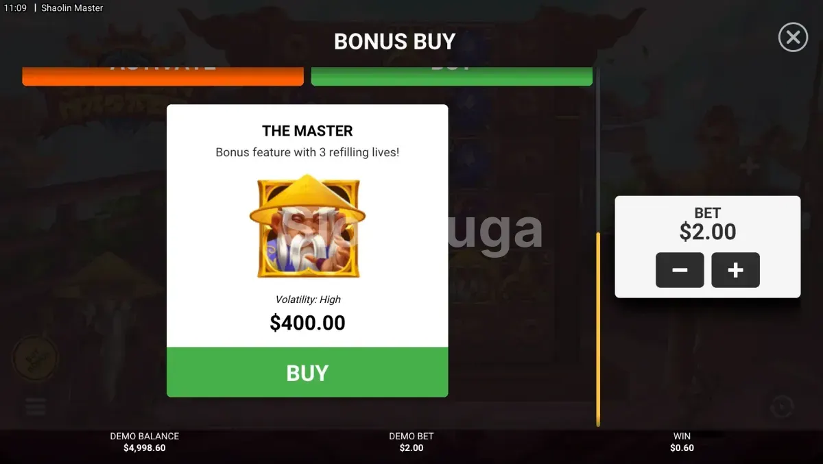Tela de bonus buy da Shaolin Master com opções de compra disponíveis
