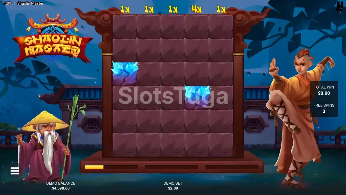 Rodadas grátis ativas na Shaolin Master com multiplicadores em destaque