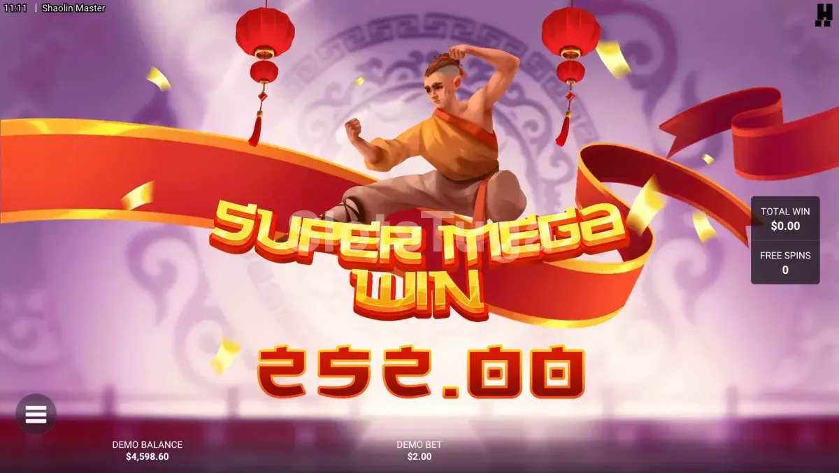Tela de grande vitória na Shaolin Master com multiplicadores acumulados